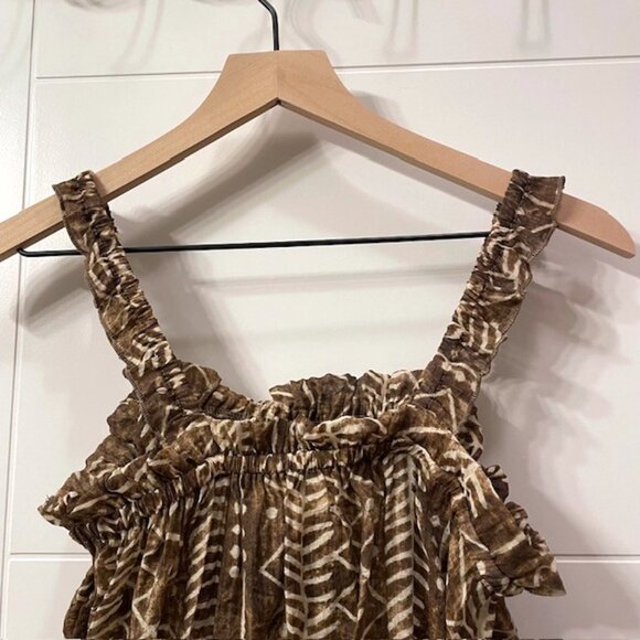 NWT Elan Brown Tulum Boho Abstract Printed Tank Top Ruffle Trim Size Medium - Picture 8 of 15